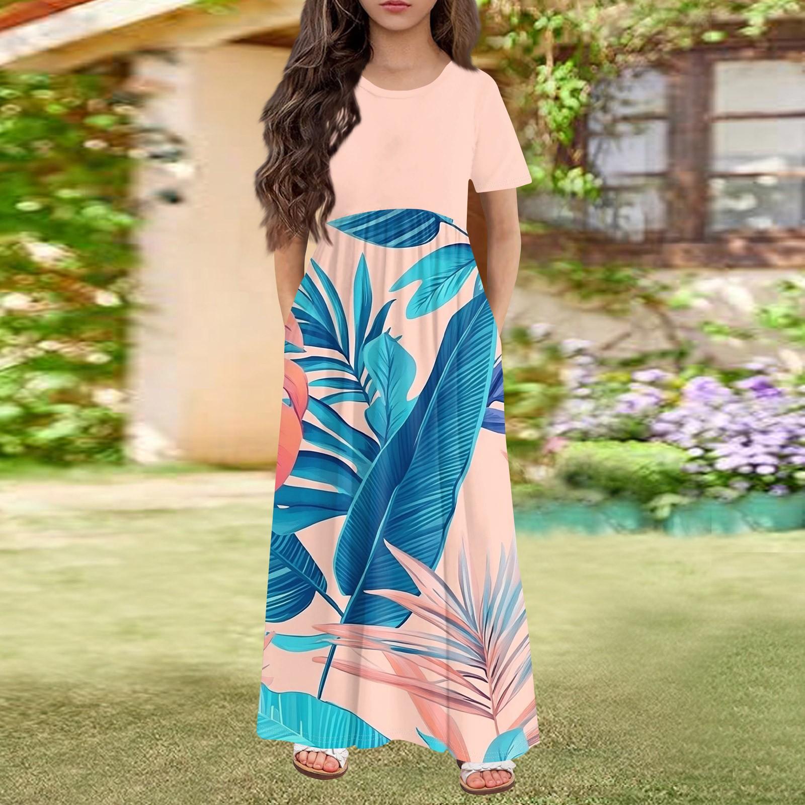 

Длинное летнее платье для девочек - платье макси с короткими рукавами и карманами для детей 4-14 лет 150