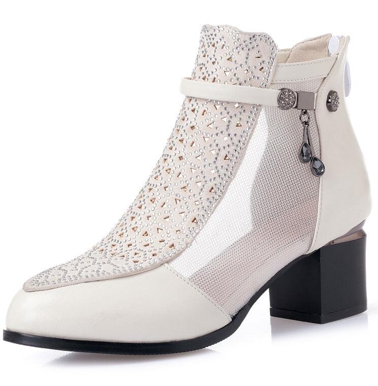 Fashion FHC New Cowhide Genuine Leather Sandals Boots,Women Mesh Shoes,Summer Heels,Pointed toe,Back Zip,Hollow Out,Dropship,Black,Beige