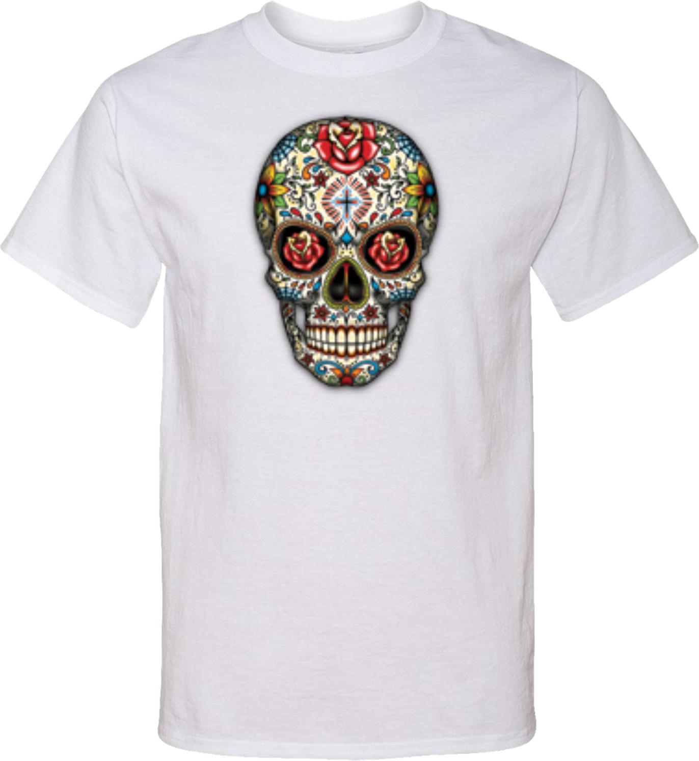 Halloween T-shirt Sugar Skull with Roses Tall Tee S