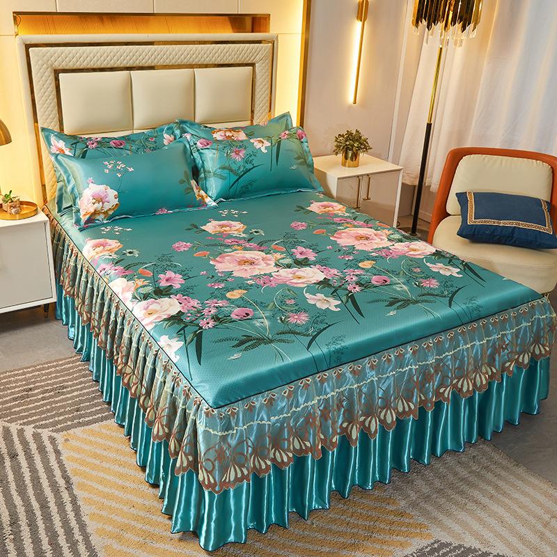 Summer Mat Viscose Fiber Mat Bed Skirt Three-Piece Set Household Double Summer Mat Machine Washable Fabric Cooling Mattress Soft Mat Bedspread