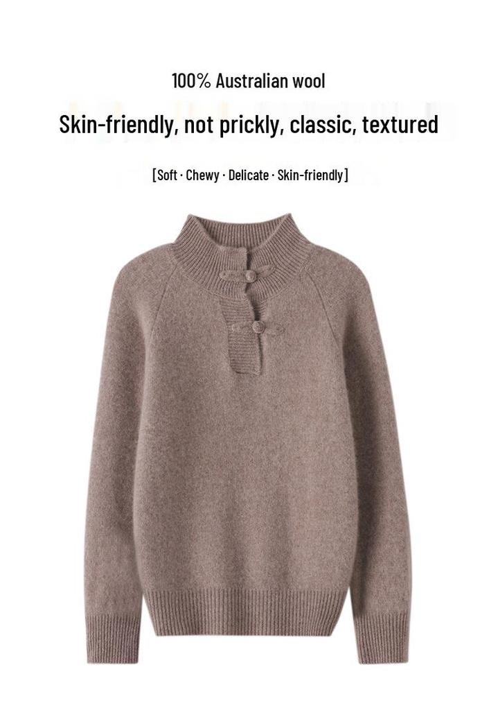 Women's Slimming Wool Sweater - Chinese Style Button-Up, Half-High Collar, Long Sleeve Pullover for Autumn/Winter