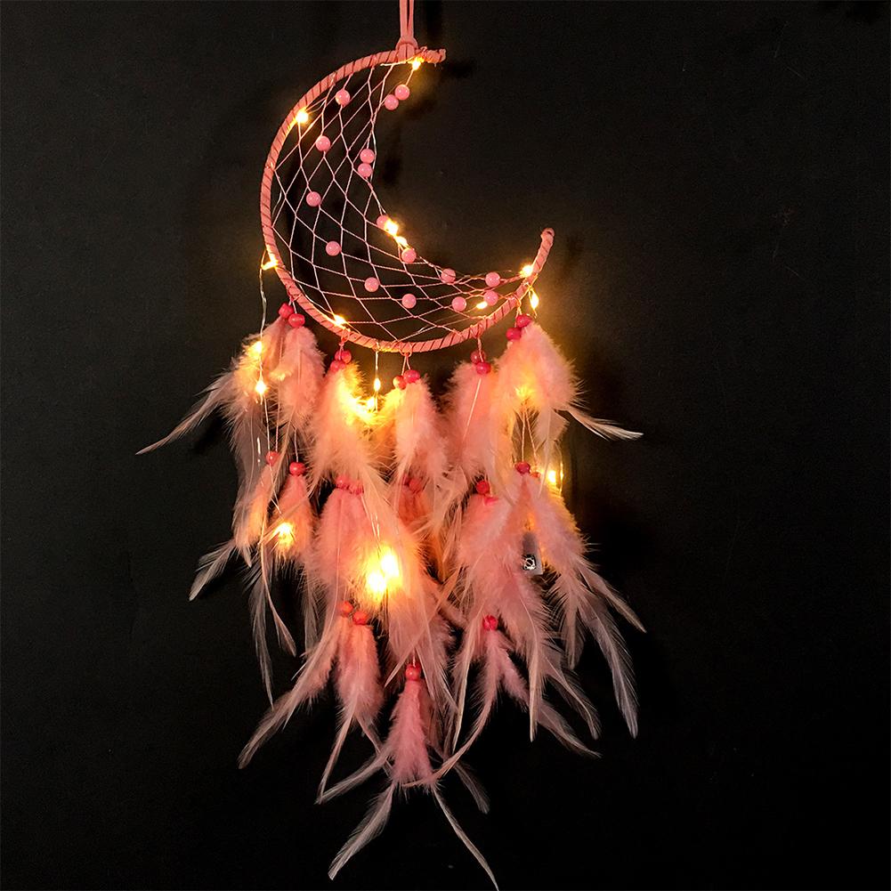 

Wall Hanging Decor Dream Catcher Pendant Lamp Feather Hand woven Moon Decoration Pink