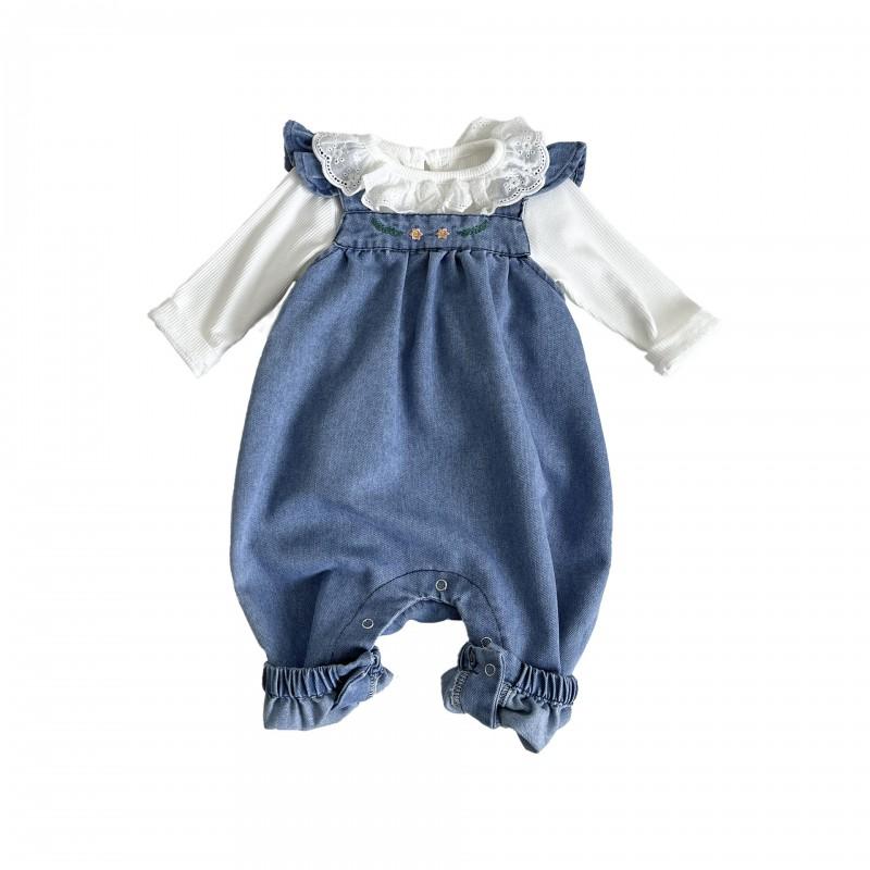 Baby Girl Floral Romper Denim Overalls Set 2Pcs