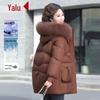 Yalu Damen Mittellange Daunenjacke mit Kapuze und Fuchspelzkragen