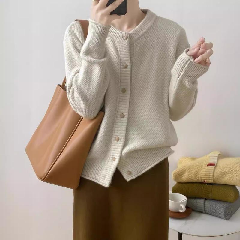 Autumn and Winter New Simple Temperament Long-sleeved Loose Round Neck Single-breasted Knitted Sweater Women's Cardigan Jacket Women's Clothing