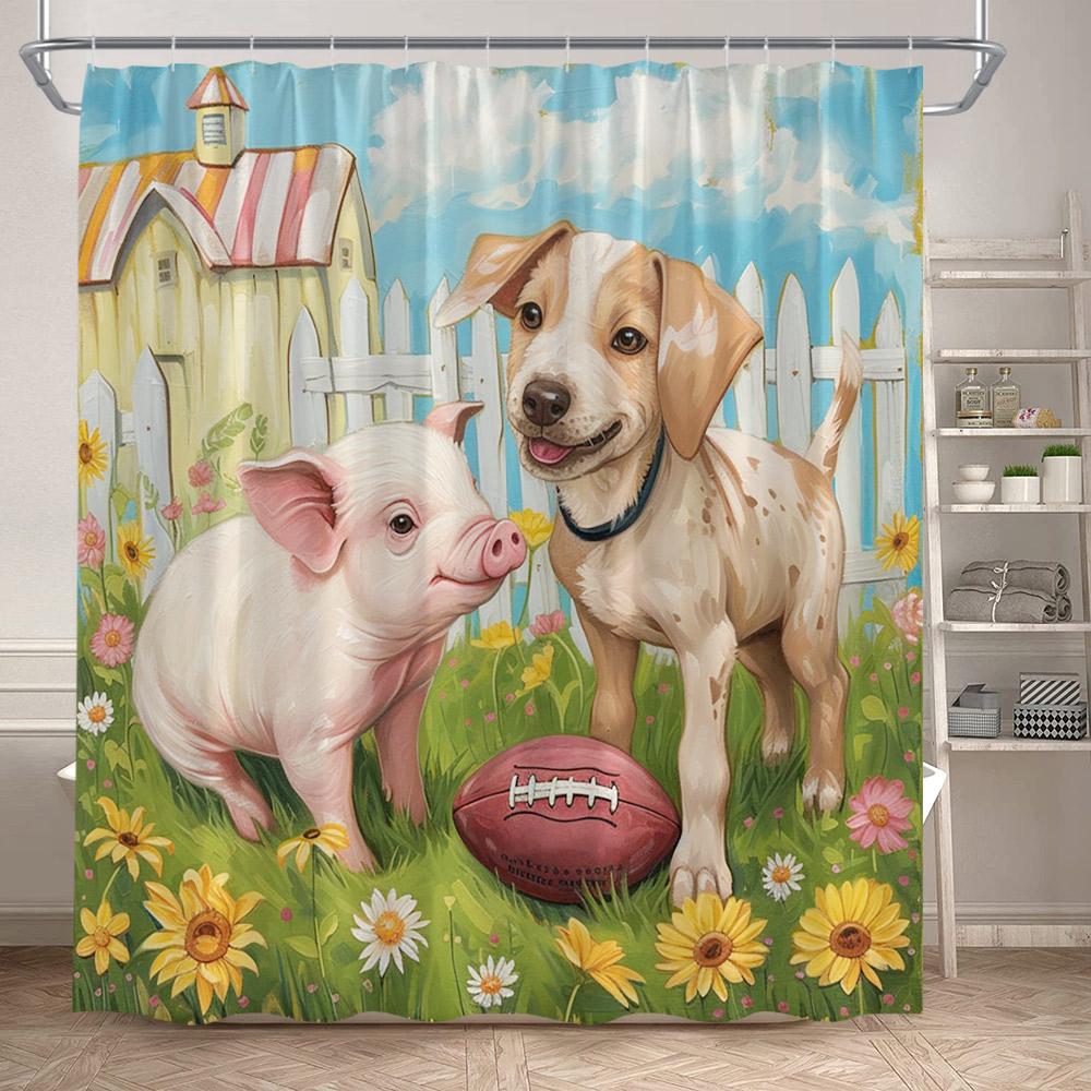 Farm Animals Shower Curtains Highland Cow Pig Horse Rustic Purple Floral Sunflower Autumn Scenery Fabric Bathroom Curtain Decor