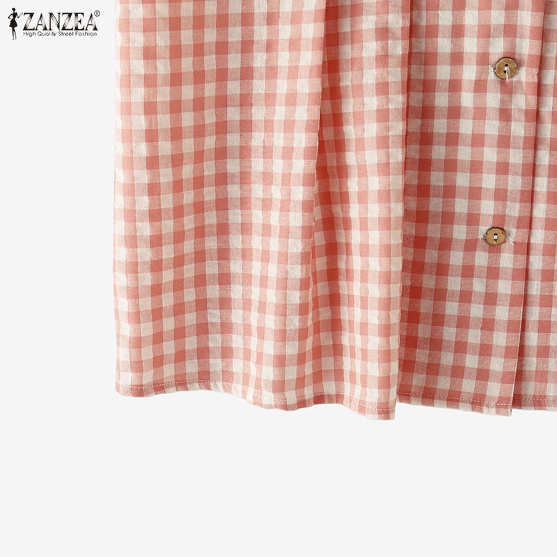ZANZEA Women Casual V-Neck Ruffles Short Sleeve Plaid Print Blouse