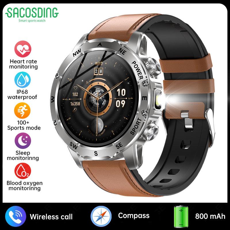 SACOSDING 800mAh Akku mit großer Kapazität Smartwatch Herren Outdoor Kompass Taschenlampe IP68 Sport Fitness Sprachanrufe Herren Smartwatch