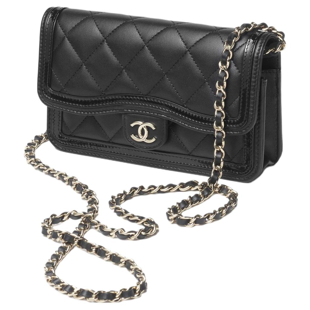 Chanel 23b Gold Buckle Chain Diamond Pattern Leather Chain Strap Sheepskin Material Gold Hardware Messenger Bag Women'S Black