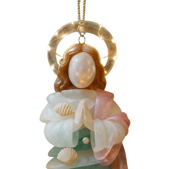 Yousheng Sea Glass Jesus Christmas Ornament Handmade Jesus Hanging Decoration Coastal Nativity Christmas Tree Ornament for Home Decor