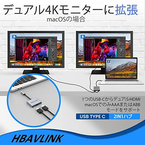 HBAVLINK Type-C Multi-Display Adapter with HDMI Splitter and Extended Mode, Type-C to HDMI Adapter, HDMI Extender with 2 Monitor Outputs, Single 4K@60
