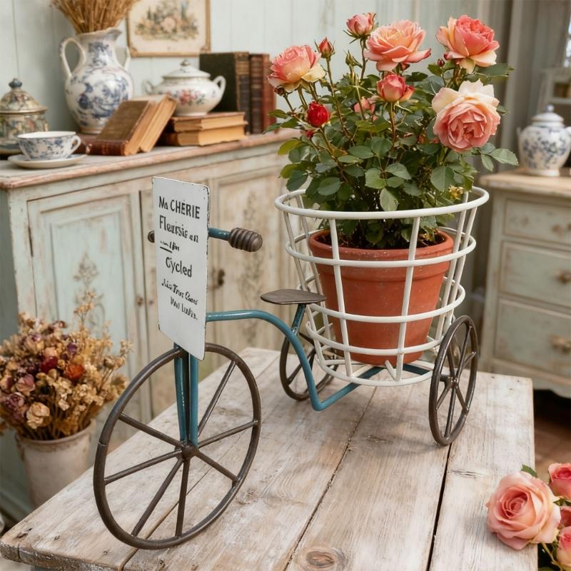 Metal Three Wheel Flower Pot Holder Container For Plant With Drainage Sturdy Construction Easy To Assemble And Maintain