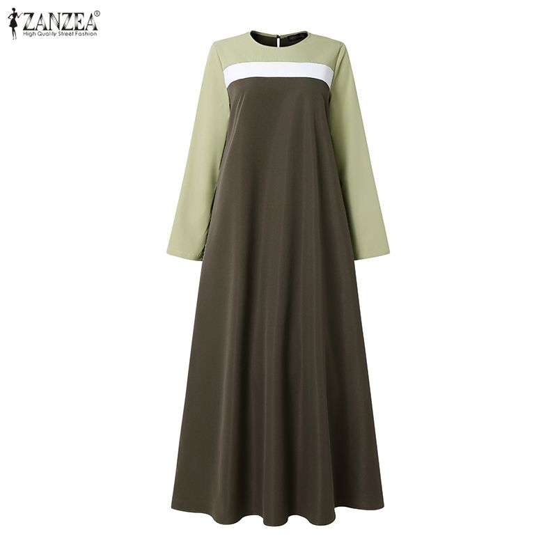 ZANZEA Rochie lungă cu mânecă lungă, lejeră, cu gât rotund, mozaic