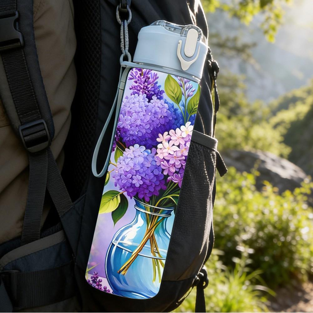 1PC Purple Lilac Vase Flower Bouquet Art 750ml Color Plastic Sports Water Bottle Leakproof Flip Straw Lid Suitable for Sports Office Home Use