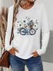 Floral Bicycle Print Women's Casual T-Shirts Graphic Tees Round Neck Tops Spring and Autumn T-Shirt Daily Wear Female Clothing