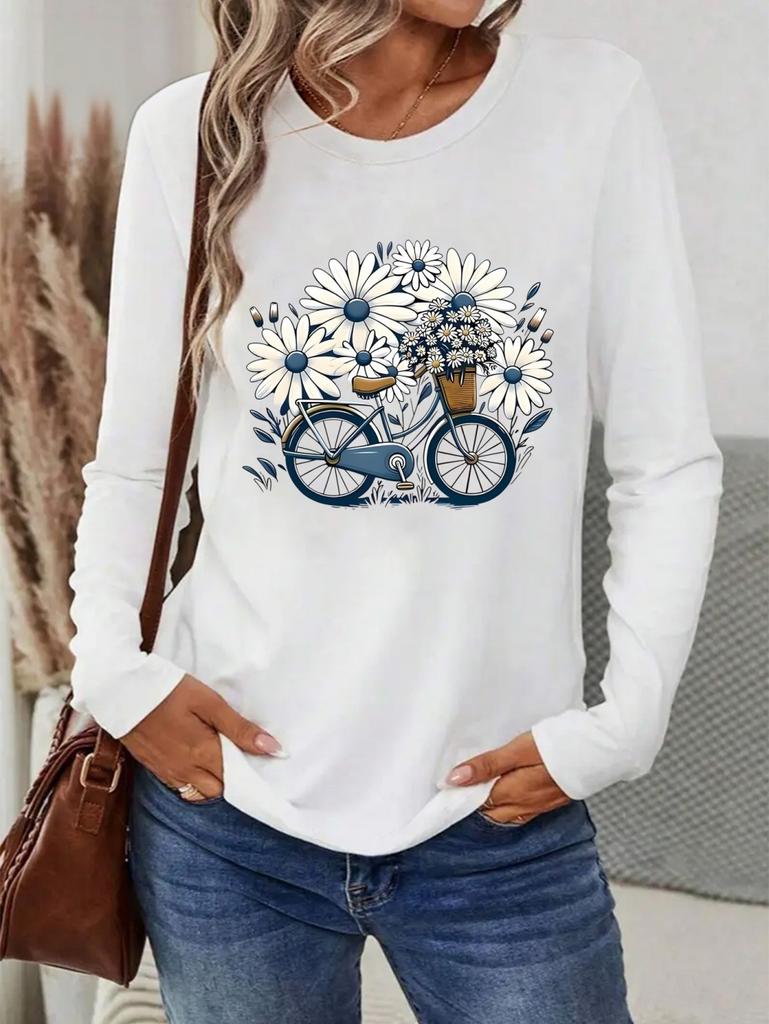 Floral Bicycle Print Women's Casual T-Shirts Graphic Tees Round Neck Tops Spring and Autumn T-Shirt Daily Wear Female Clothing