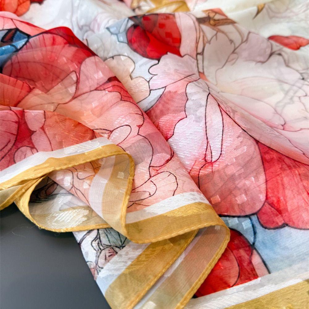 Fashion 180*70cm Women Silk Scarf Peony Flower Soft Silk Scarves Luxury Breathable Women Head Scarf Summer