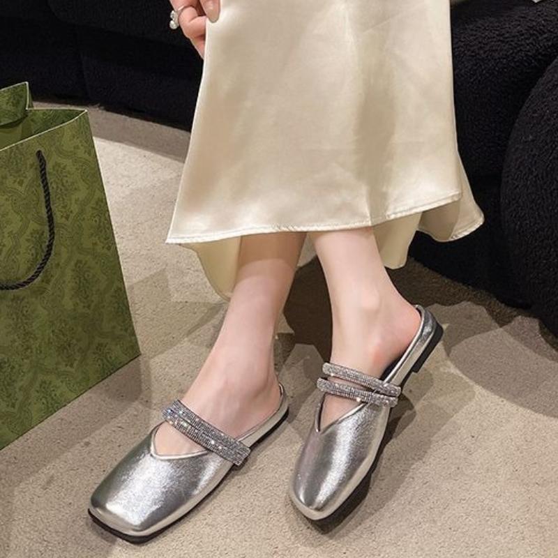 Square Toe Flat Sandals Rhinestone Woman Slippers High Quality Easy Wears Slides 2025 Luxury New Style Vip Mules Shoes for Women