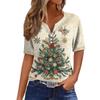 Women's Fashion Casual Christmas Print V-Neck Short Sleeve Button T-Shirt Top