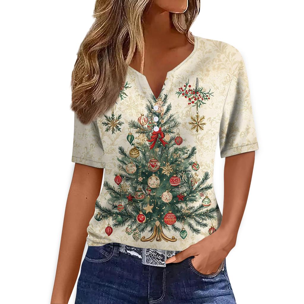 Women's Fashion Casual Christmas Print V-Neck Short Sleeve Button T-Shirt Top