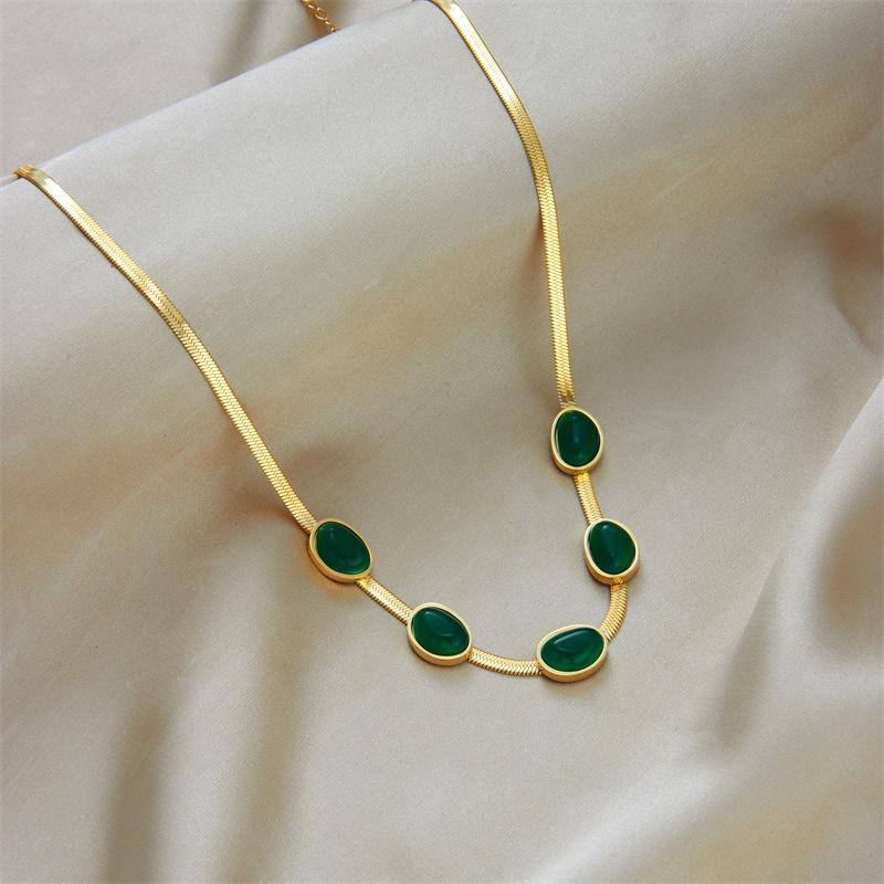 Gold Plated Green Agate Jewelry Set, Herringbone Chain Necklace Bracelet with Oval Jade Charm, Vintage Luxury Jewelry Set for Women