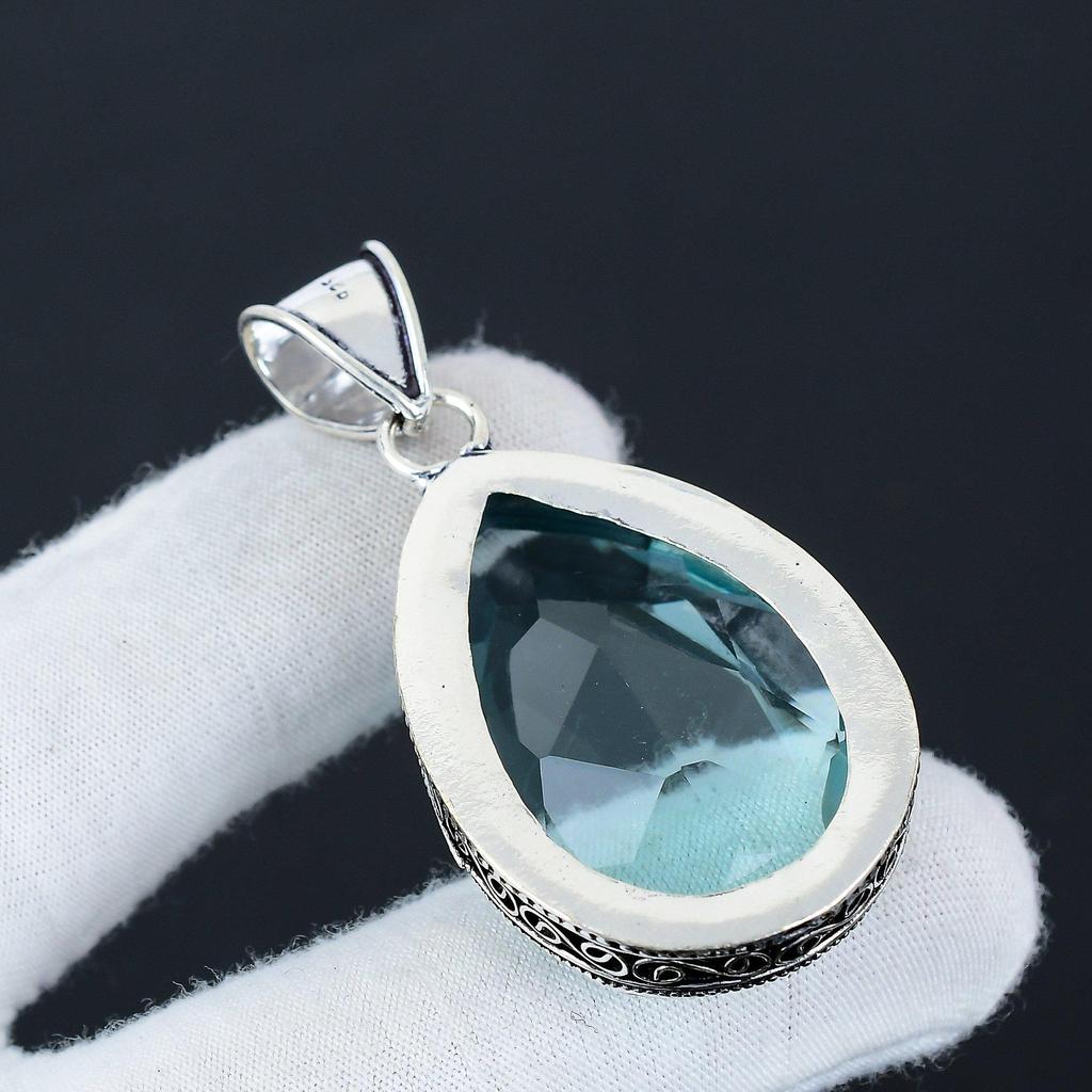 Beautiful Blue Topaz Gemstone Silver Pendant in 925 Sterling Silver- Handmade Design, Everyday Wear Jewelry, Unique Pendant Engagement Gift