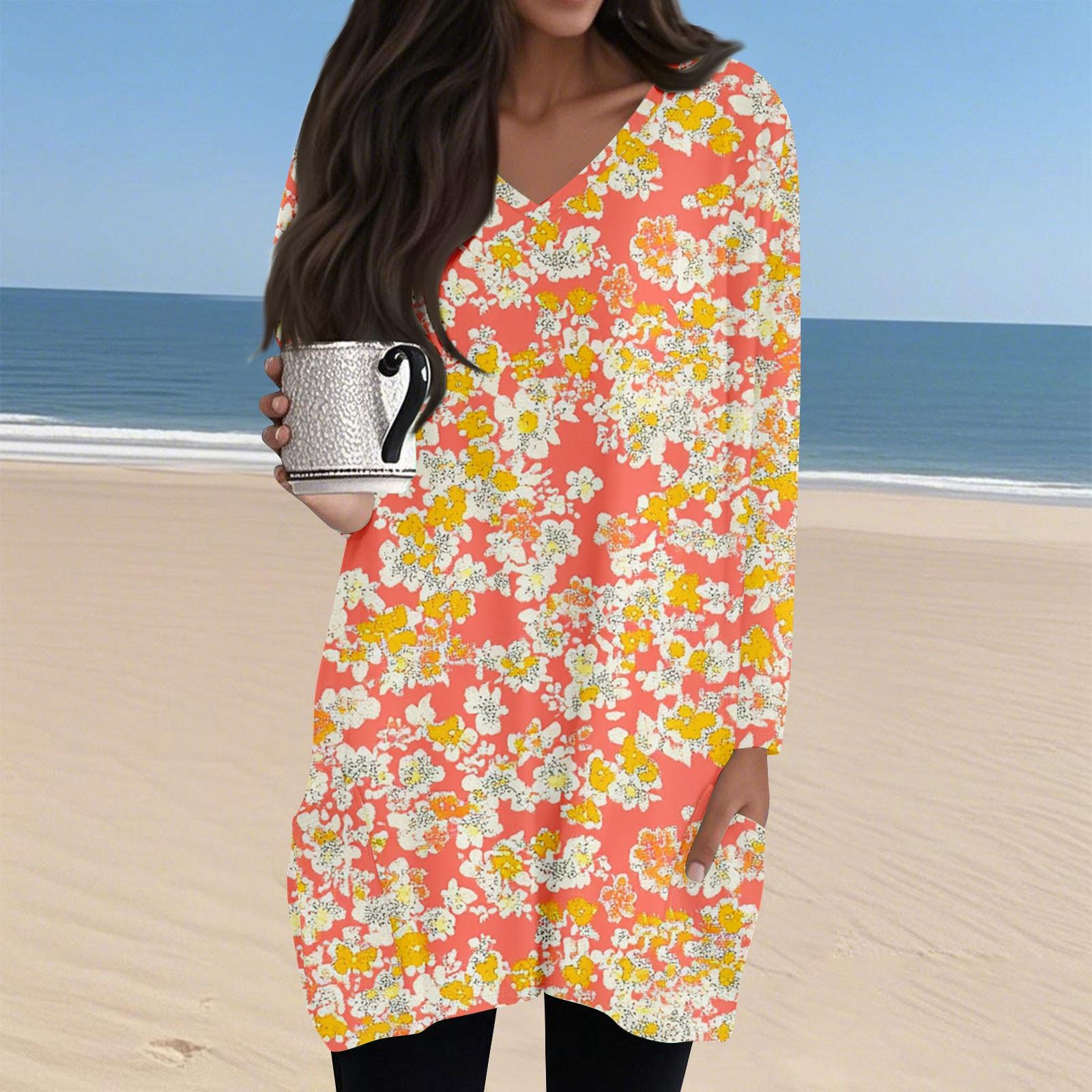 

Ladies Casual And Fashionable V-neck Floral Print Mid Length Pocket Long Sleeved Top M шафрановий