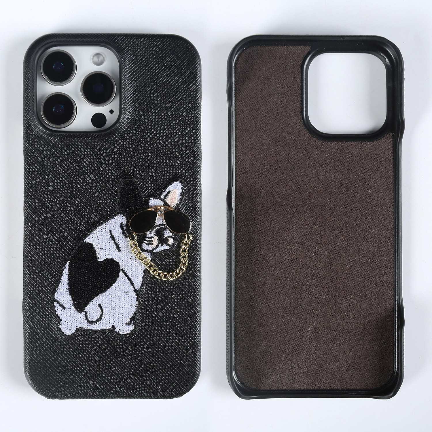

3D Dog Embroidered Genuine Leather Case For iphone 17 Pro Max 16pro 15 14 13 12 11 Cases Real Cowhide Back Cover Coque Shell Genuine Leather&iPhone 11