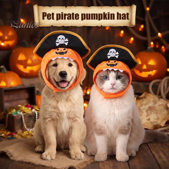 Soft Fleece Pet Accessory Cat Pumpkin Pirate Hat, Halloween Cozy Funny Hat Cosplay for Cats, Small Dogs, Holiday Party Orange And Black Apparel