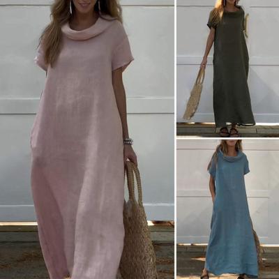 Sommer Frauen Kleid Gestapelt Neck Lose Kurze Ärmel Einfarbig Knöchel Länge Seite Taschen Pullover Casual