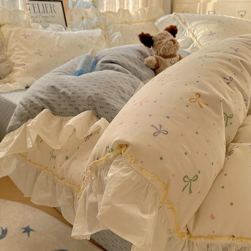 Cotton Floral Print Bedding Set Princess Style Lace Duvet Cover Sheet Pillowcase