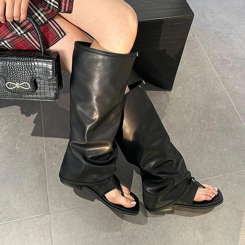 Fashion Women's Sandal Boots Toe Clip Square Toe Leaked Toes One Kick Shoes Women Dress Personality Designer Style Zapatillas De Mujer