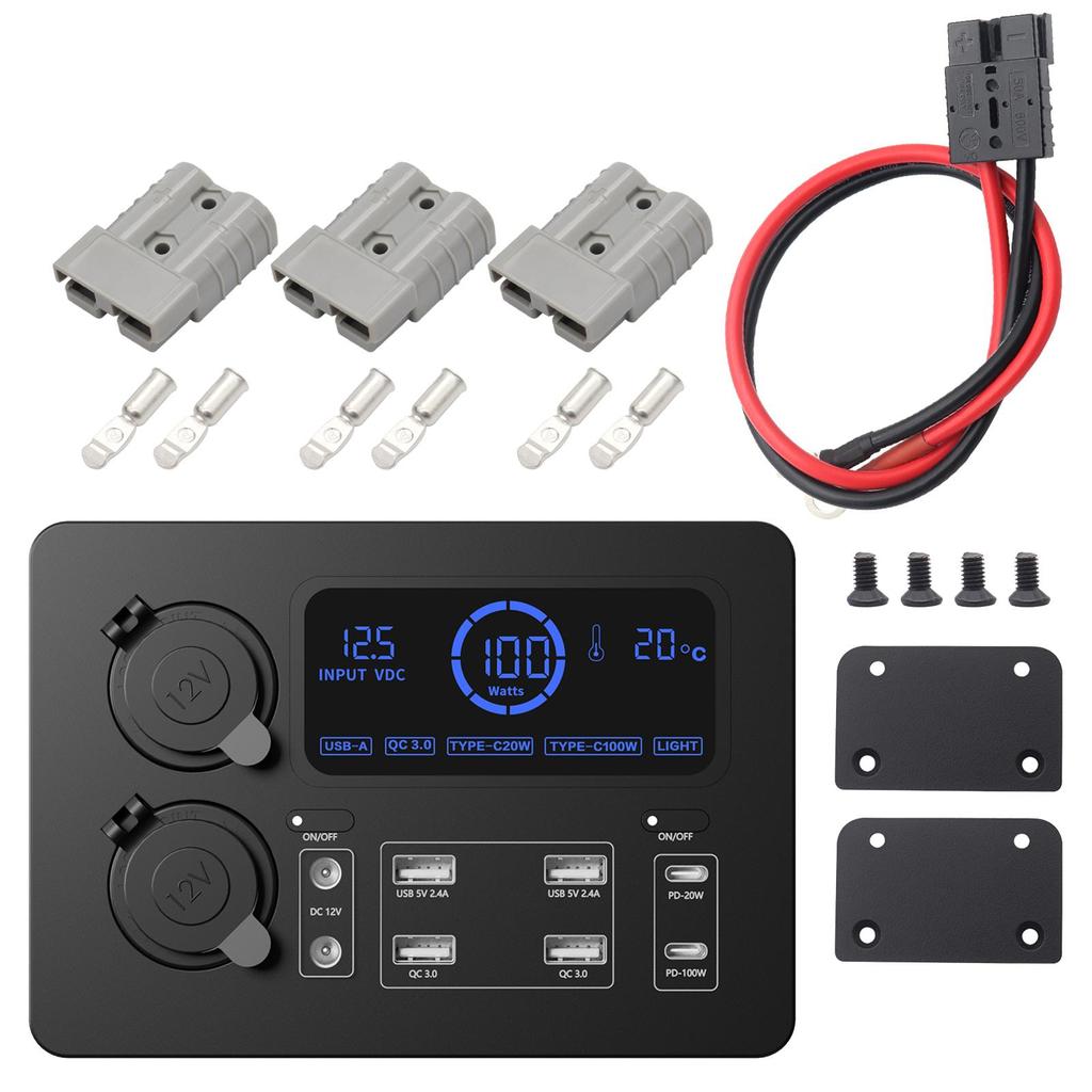 LCD Display Mini Power Box 12V 100W Power Box with LED Lights USB-C & QC3.0 Ports Control Hub for RV SUV Boats Emergency Outdoor