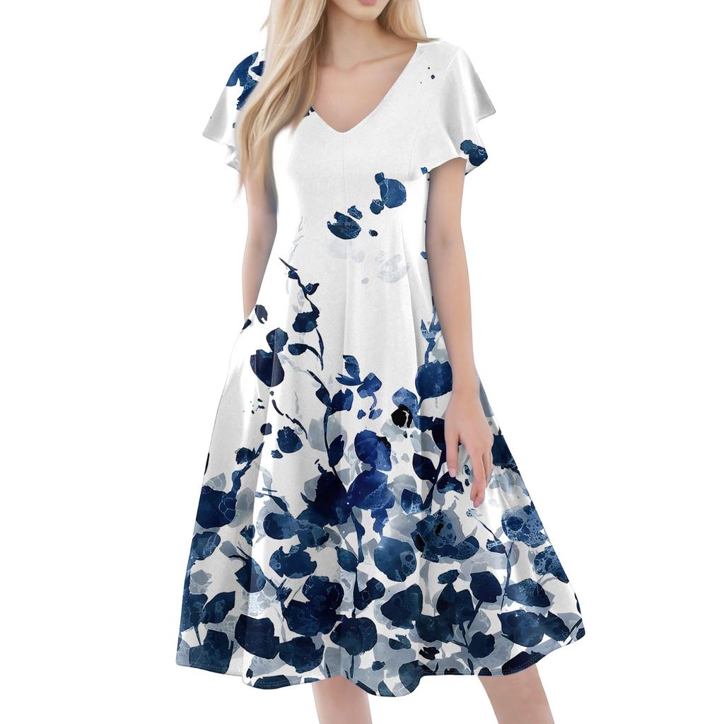 Women's Casual Fashion V-neck Short Sleeve Print Dress With Pockets