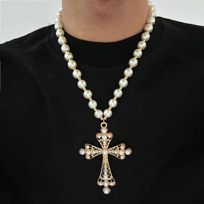 PuRui Trendy Colore Oro Perfettamente Rotondo Zircone Sintetico Collana Uomo Regolabile Croce di Gesù Ciondolo Zircone Portafortuna Accessori