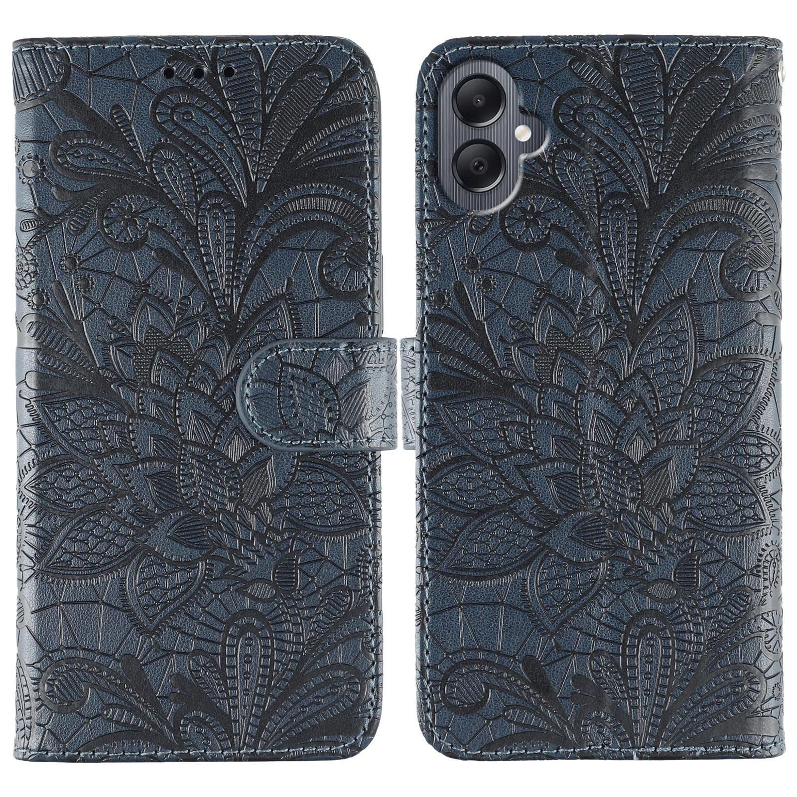

For Samsung Galaxy A05 4G Case Lace Flowers PU Leather Flip Wallet Phone Cover Dark Blue