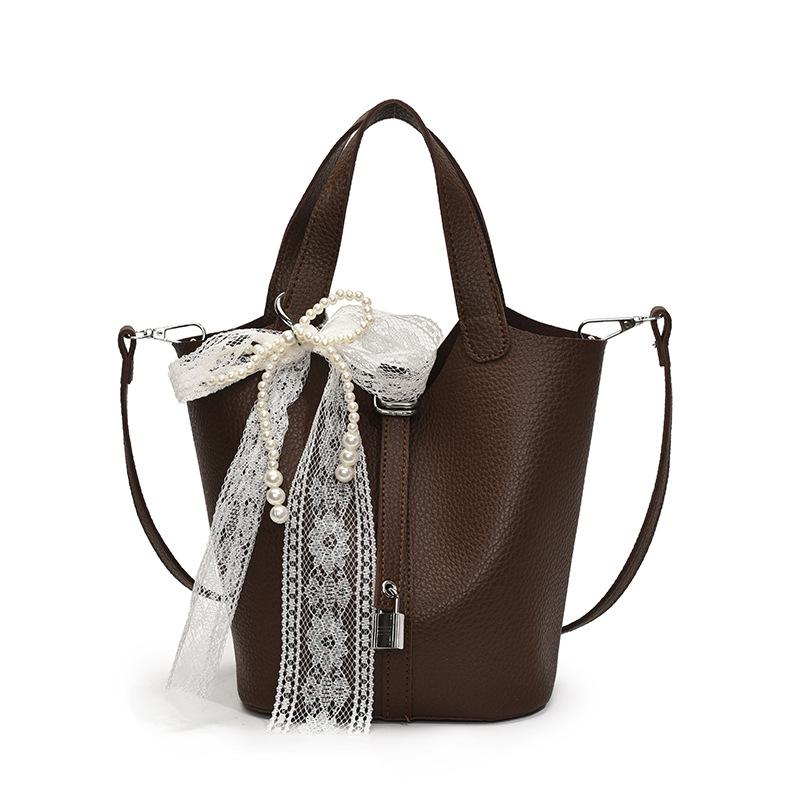 Simple Temperament Lychee Pattern Portable Bucket Bag Casual Light Luxury Solid Color High-end Messenger Bag Bag Female