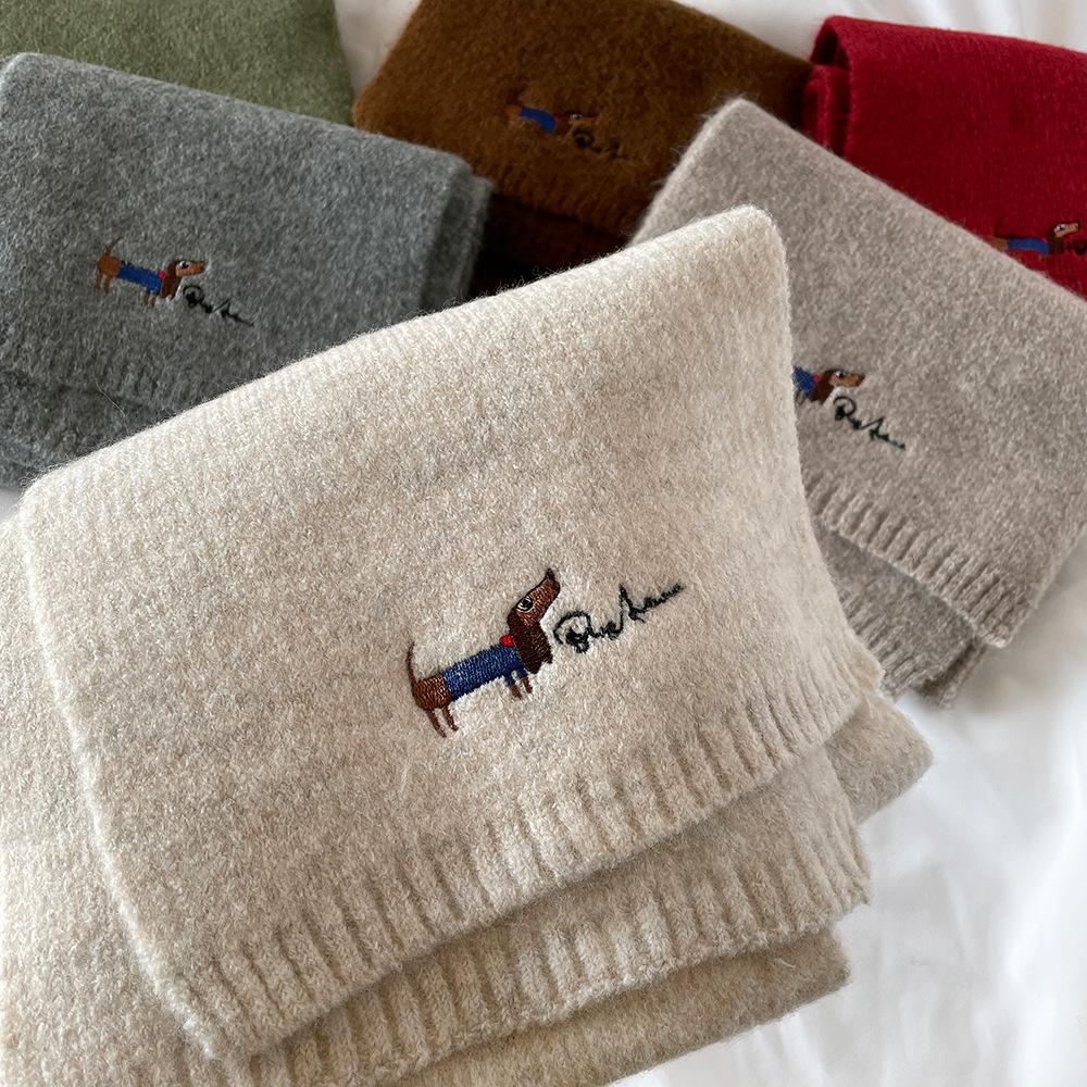 Winter knitted wool small scarf women's new high-end dog embroidery simple matching scarf