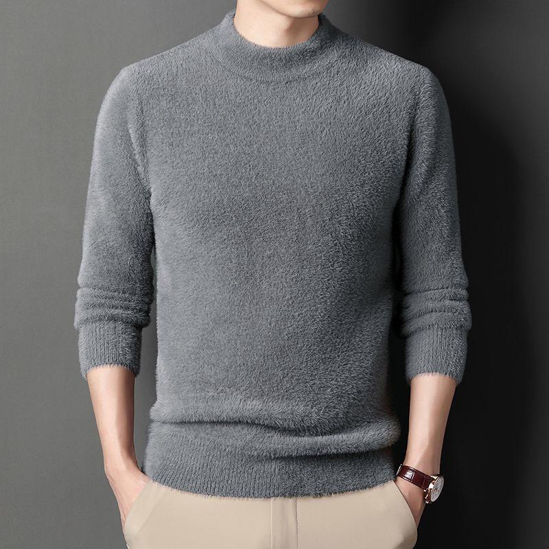 Imitation Mink Fleece Men Sweater Pullovers Thickened Half High Neck Solid Male Clothes Business Casual Autumn Winter Sweaters