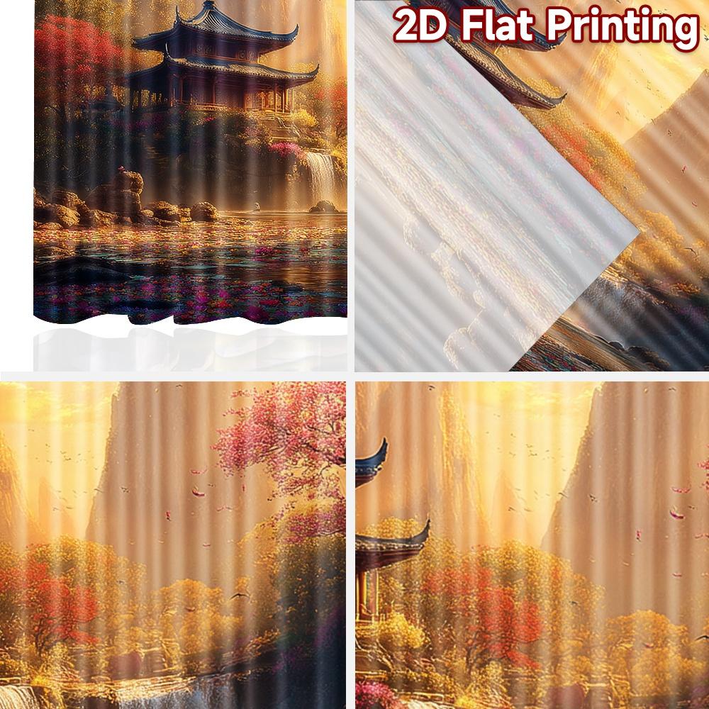2D flat printing 2pcs Window Curtains Asian Landscape Temple Waterfall Birds Digital Printed Polyester Drapes Party Decorations