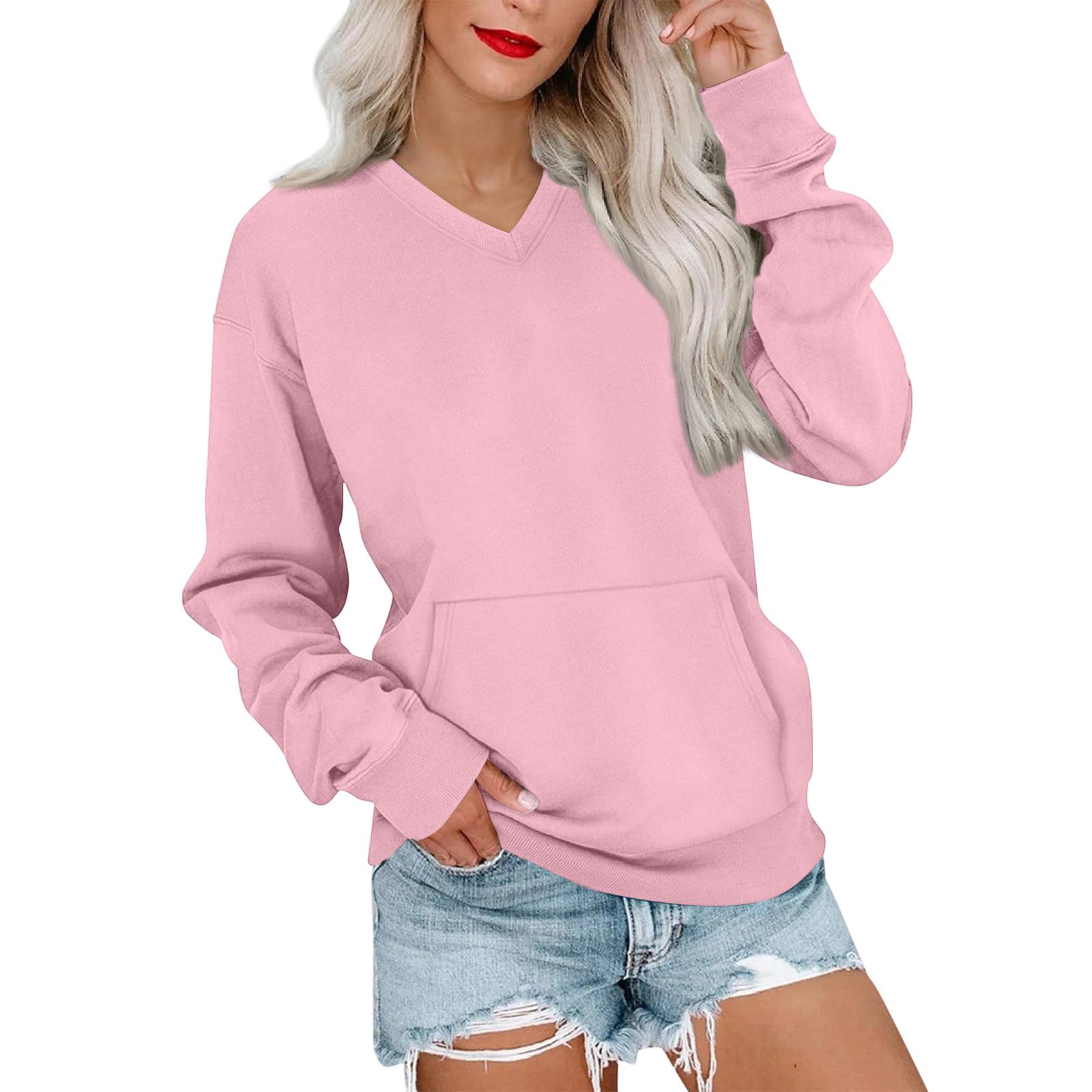 

Women s Casual Fashion Color V-Neck Long Sleeve Sweatshirt Lightweight Pullover With Pockets Warm Sweatshirt L рожевий