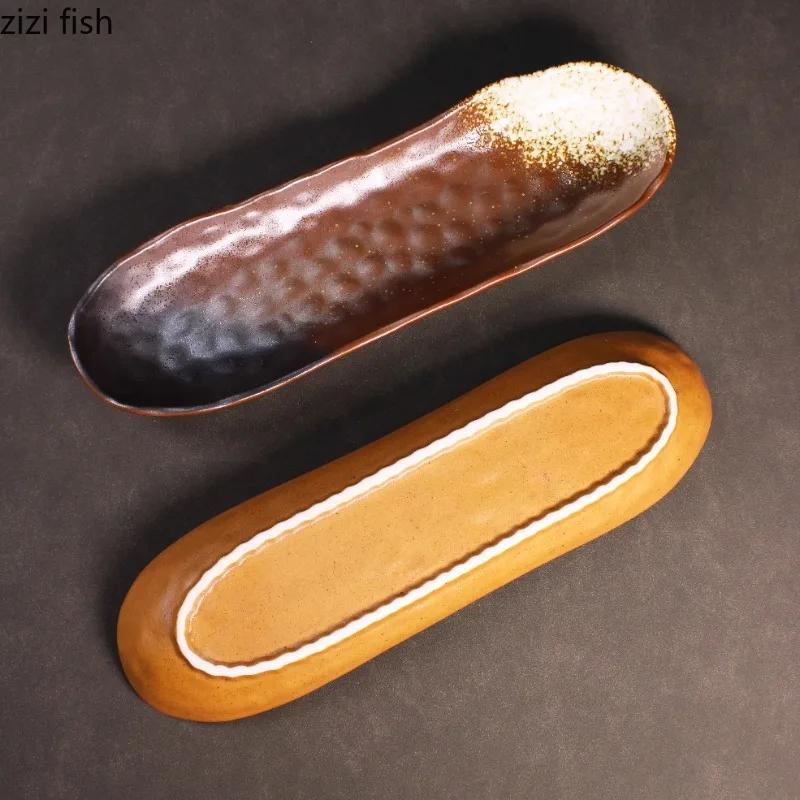 Retro Ceramic Sushi Plate Oval Dessert Plate Snack Plate Fish Plates Sashimi Plates Restaurant Molecular Cuisine Tableware