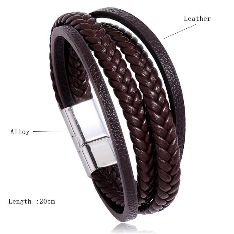 Multilayer Stacking Leather Bracelet Men Handmade Braided Black Silvery Magnetic Buckle Durable Charm Armband Homme Casual Joias