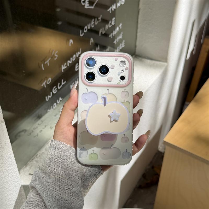 Cute Pastel Apple Print Phone Case For iPhone 17 16 15 14 Pro Max Kawaii Star Grip Stand Protective Cover for Girls
