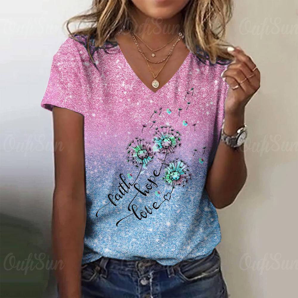 2024 New Women T-shirt Floral Print Shirt Design Plus Size Top Summer Women's Trend Clothing Fashion Short Sleeve V-Neck Tees