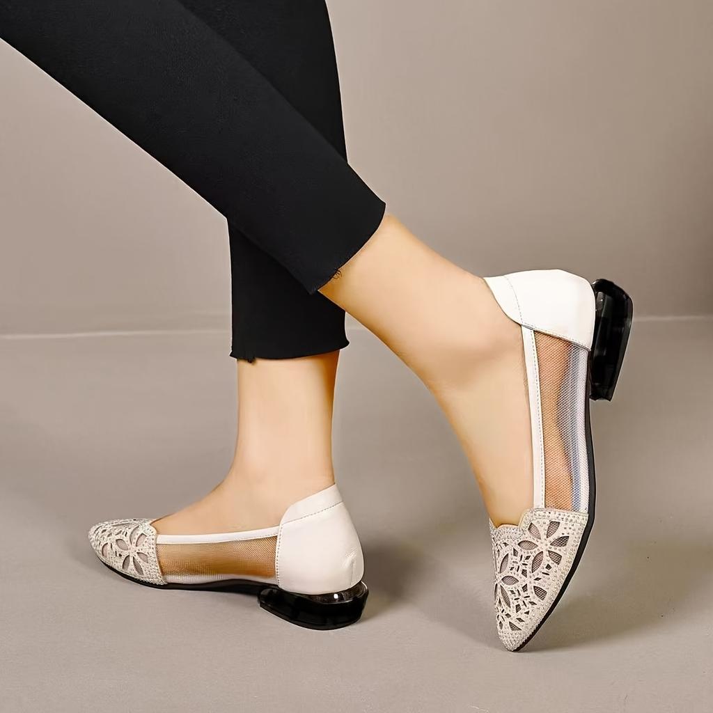 Women's Summer Soft-Sole Sandals Women's Mesh Soft-Leather Flats Low-Cut Leather Shoes Chunky-Heel Round-Toe Openwork Shoes