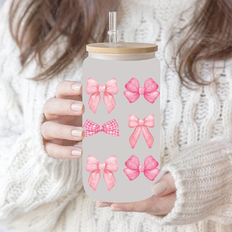 Autocolant UV DTF cu funde fluide pentru cutii de bere de 16 oz, panglici Pretty Love, drăguț model feminin, pentru cutii de bere, model UV DTF