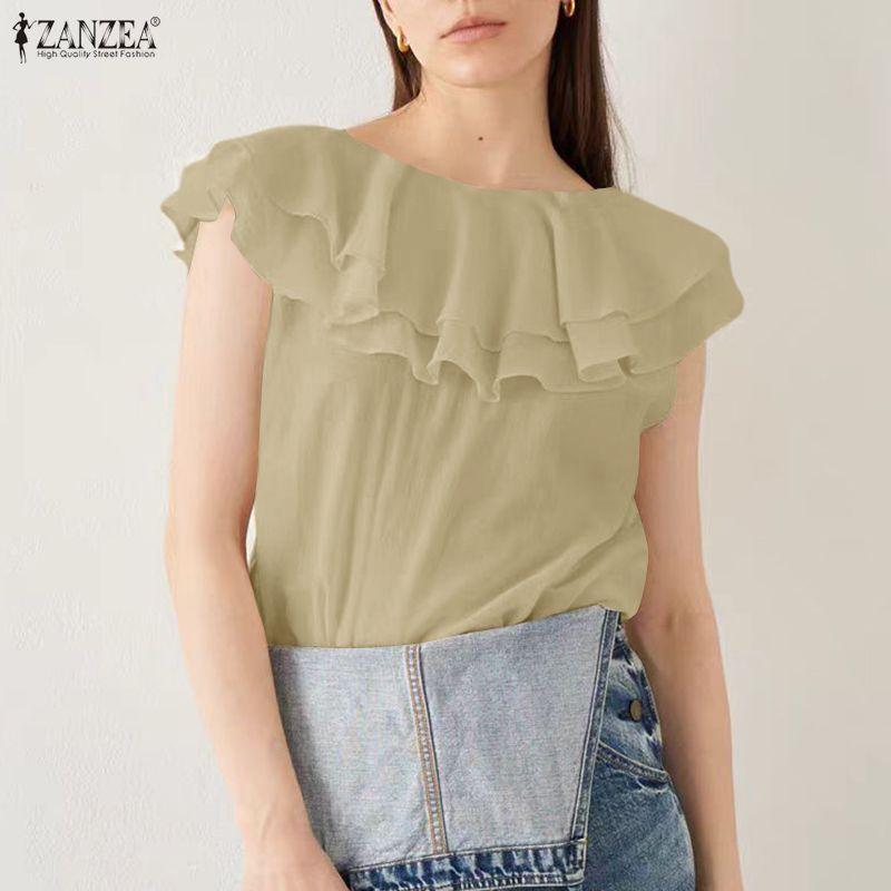 ZANZEA Women Ruffles Round Neck Loose Casual Sleeveless Blouse