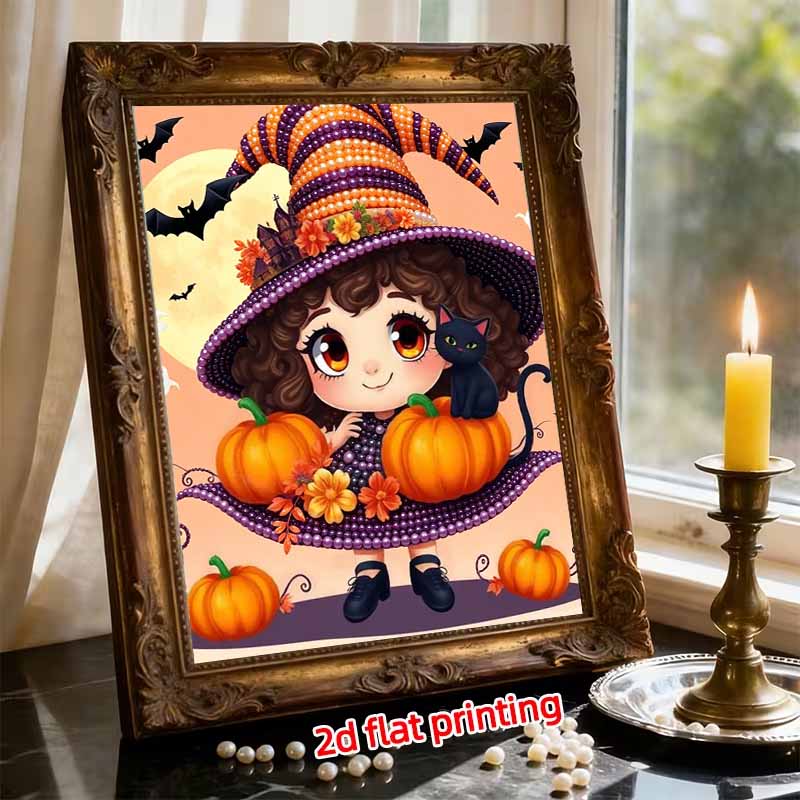 Pearl Painting DIY Kit Frameless Halloween Witch Pumpkin Cat Pattern Shiny Bead Art Canvas Creative Wall Decor Gift Craft Home Art