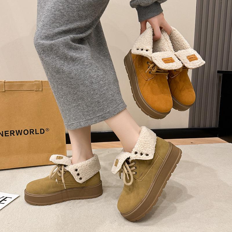 Retro thick-soled heightened flanged Martin boots for women's winter new velvet fashion two-wear short boots warm cotton shoes
